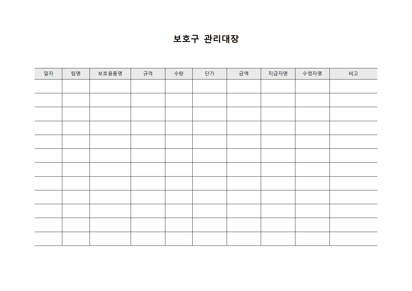 보호구관리대장 (팀별보호용품)