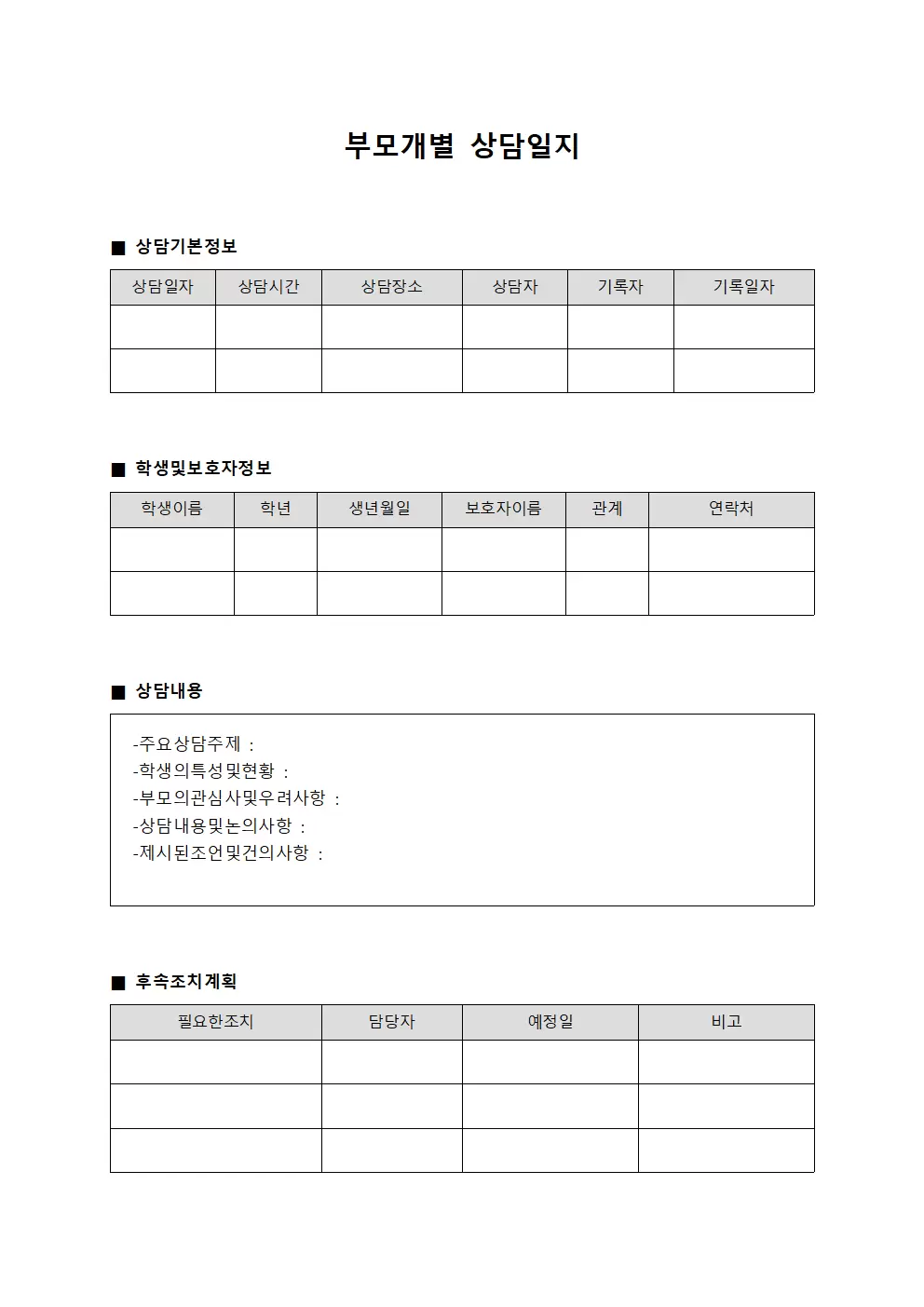 부모개별상담일지 (상담내용)