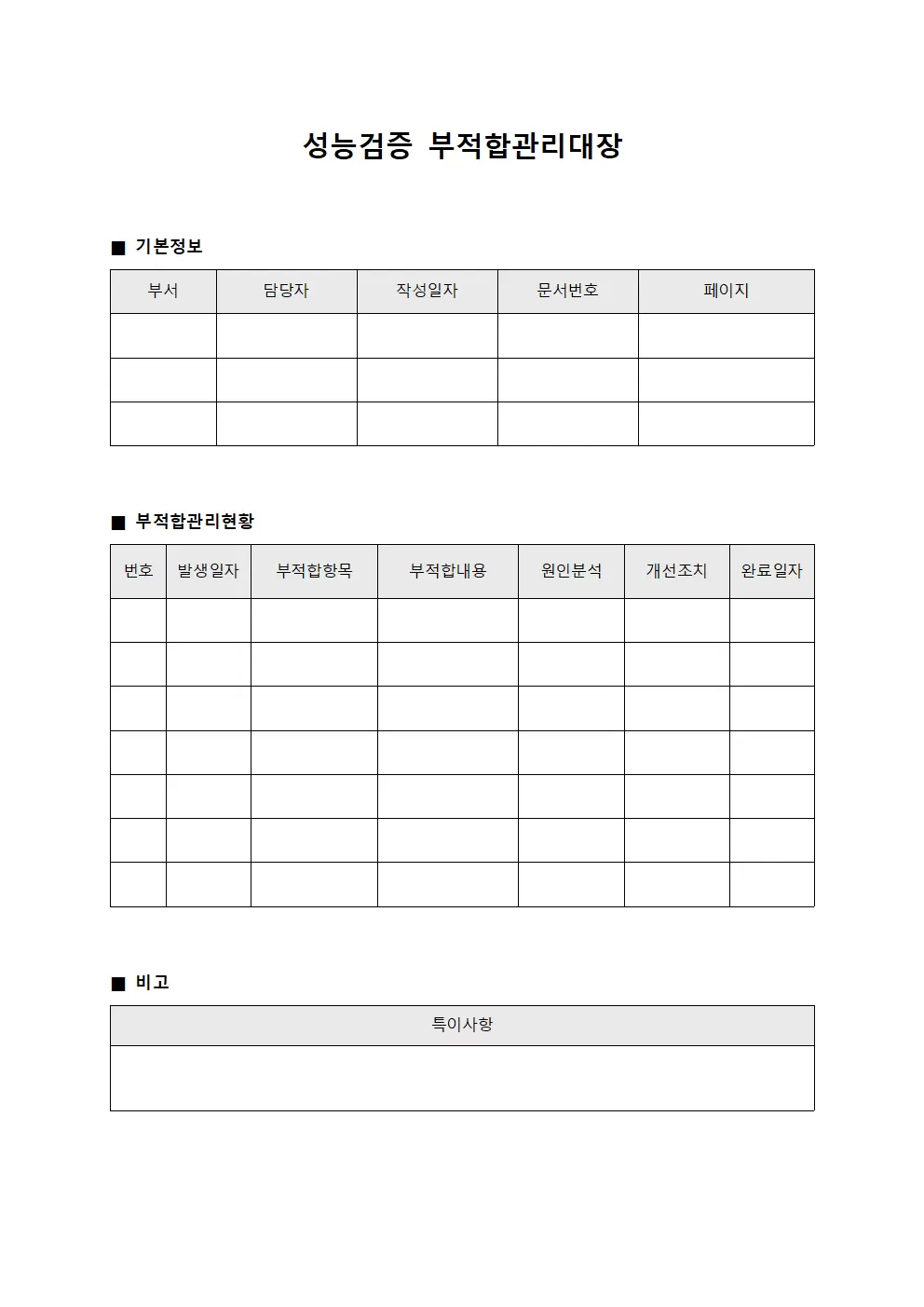 성능검증 부적합관리대장 서식