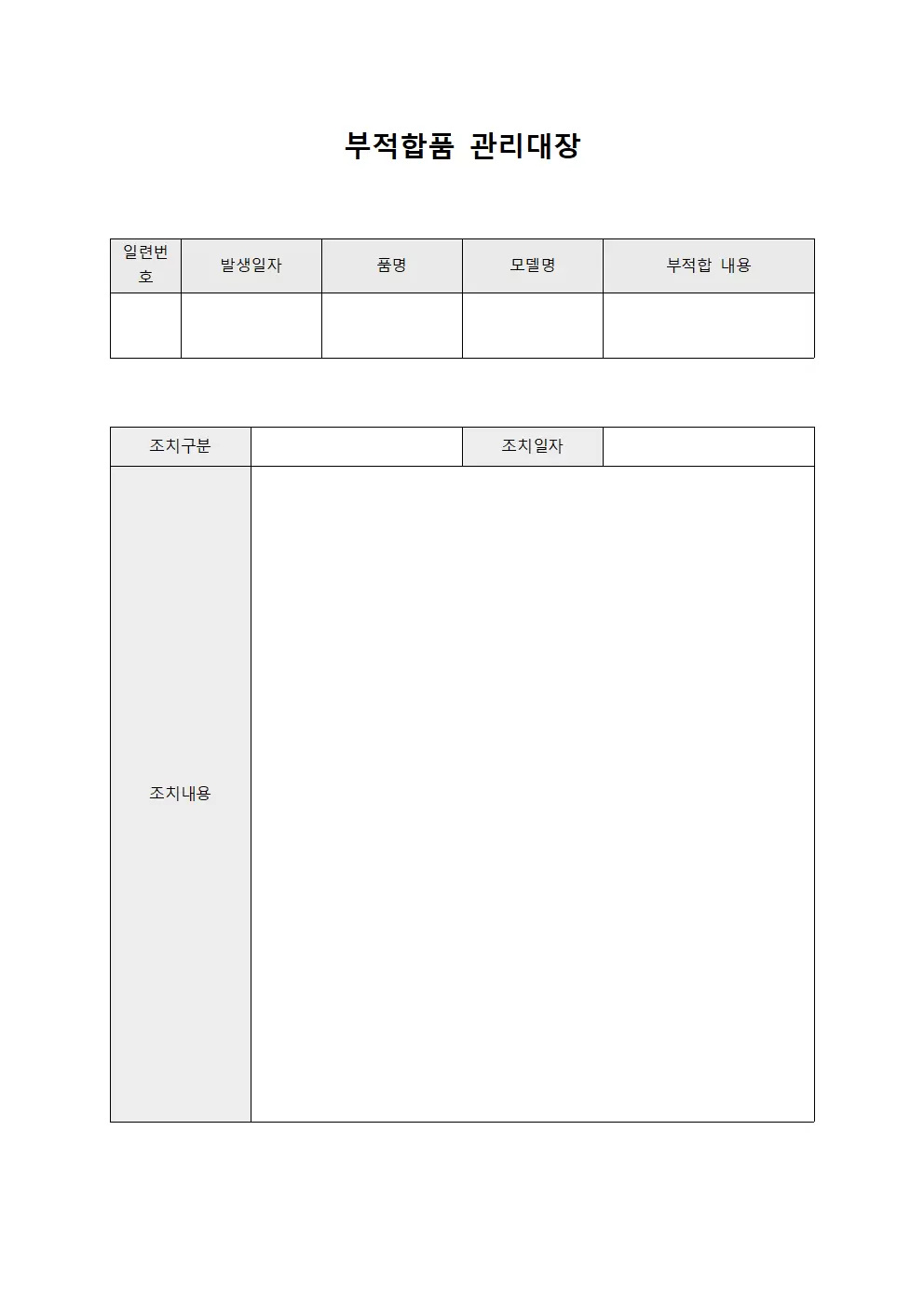 부적합품관리대장 작업공정진행상황