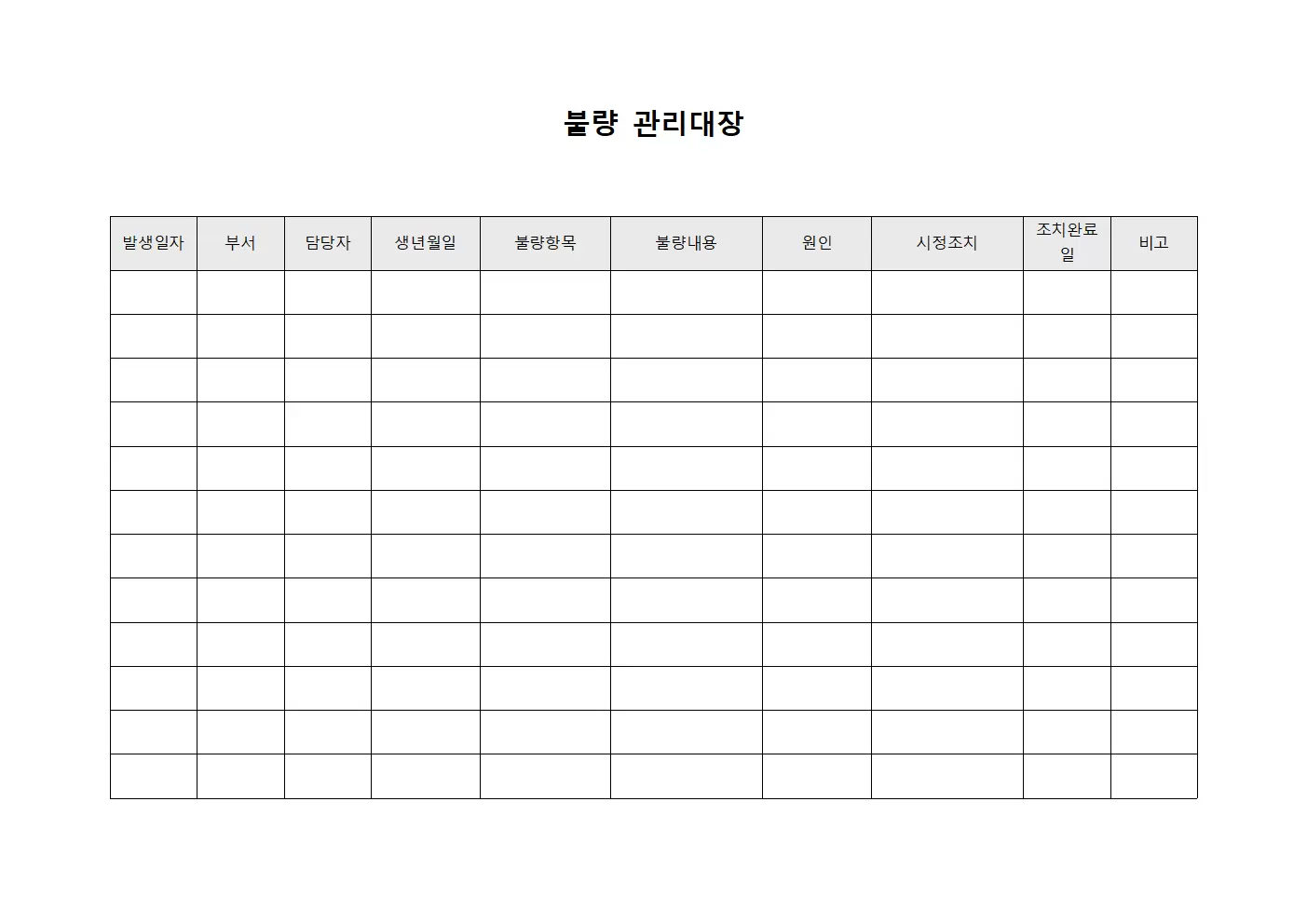 불량관리대장 (시정조치)
