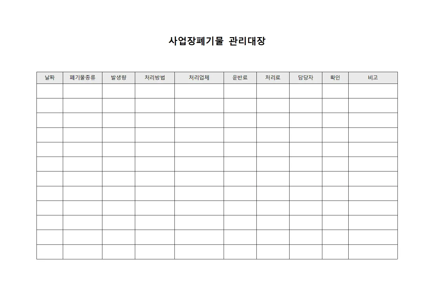 사업장폐기물관리대장 (담당자확인서명)
