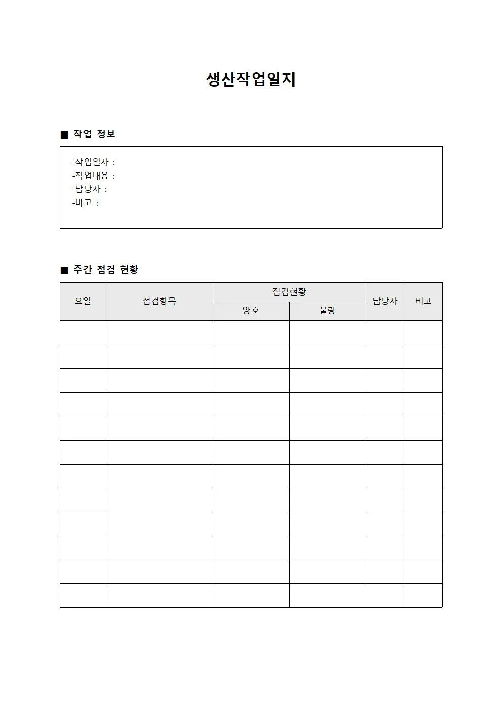 생산작업일지 (주간 점검 현황)