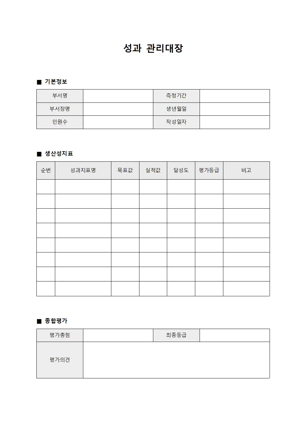 성과관리대장 (부서별생산성측정)