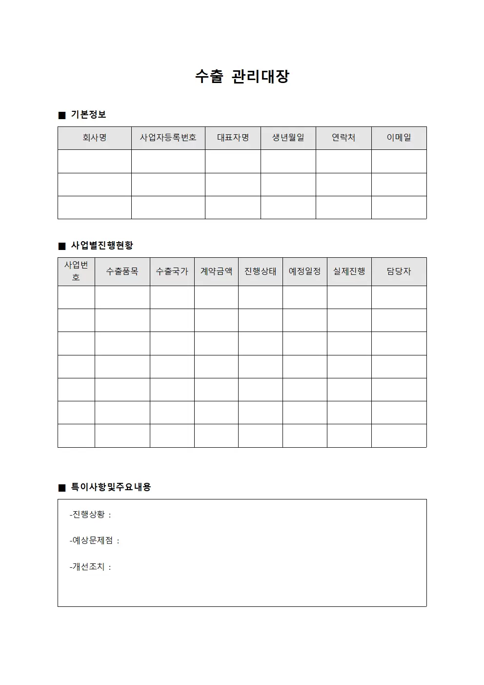 수출관리대장 - 사업별진행상황