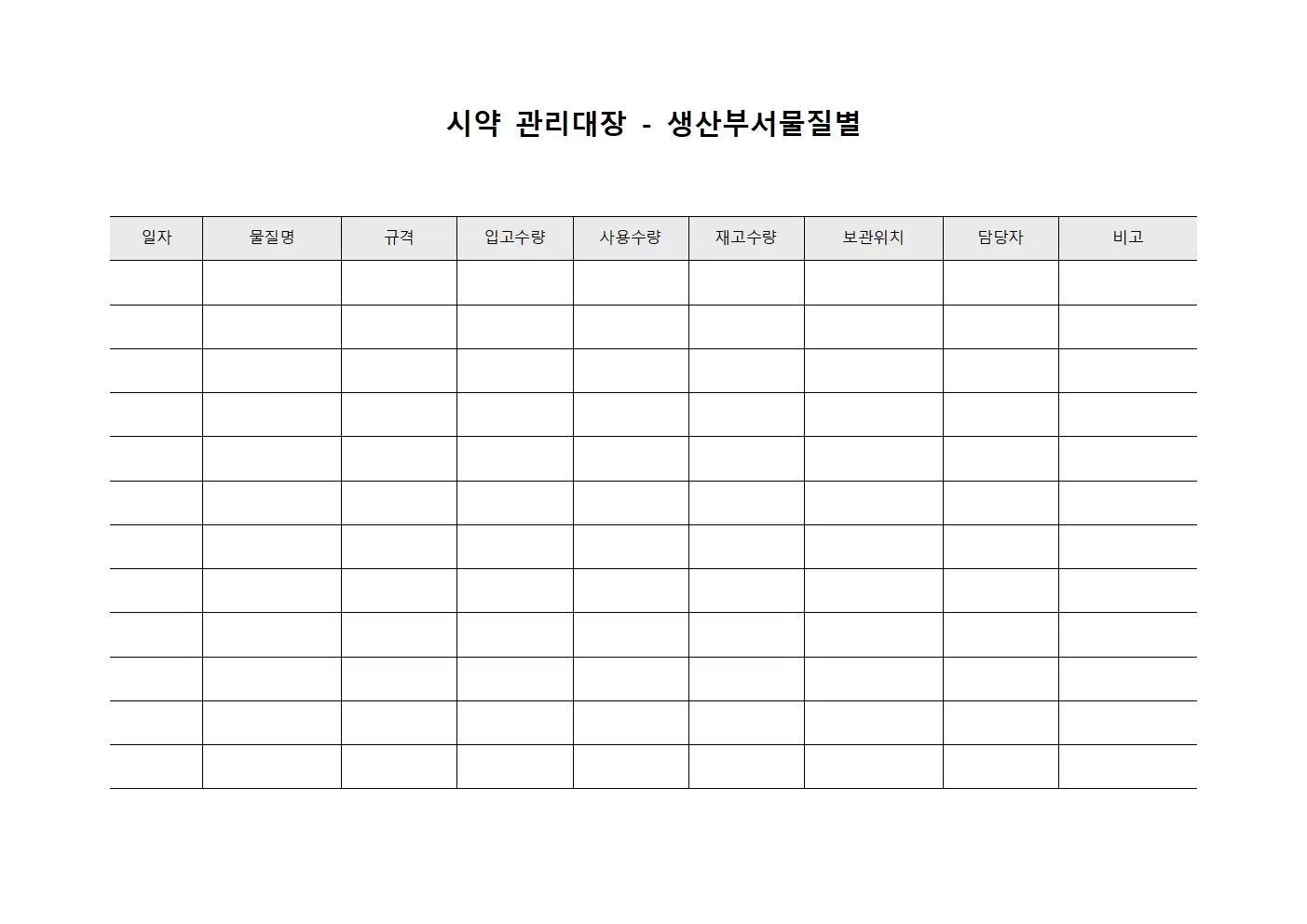 시약관리대장 - 생산부서물질별