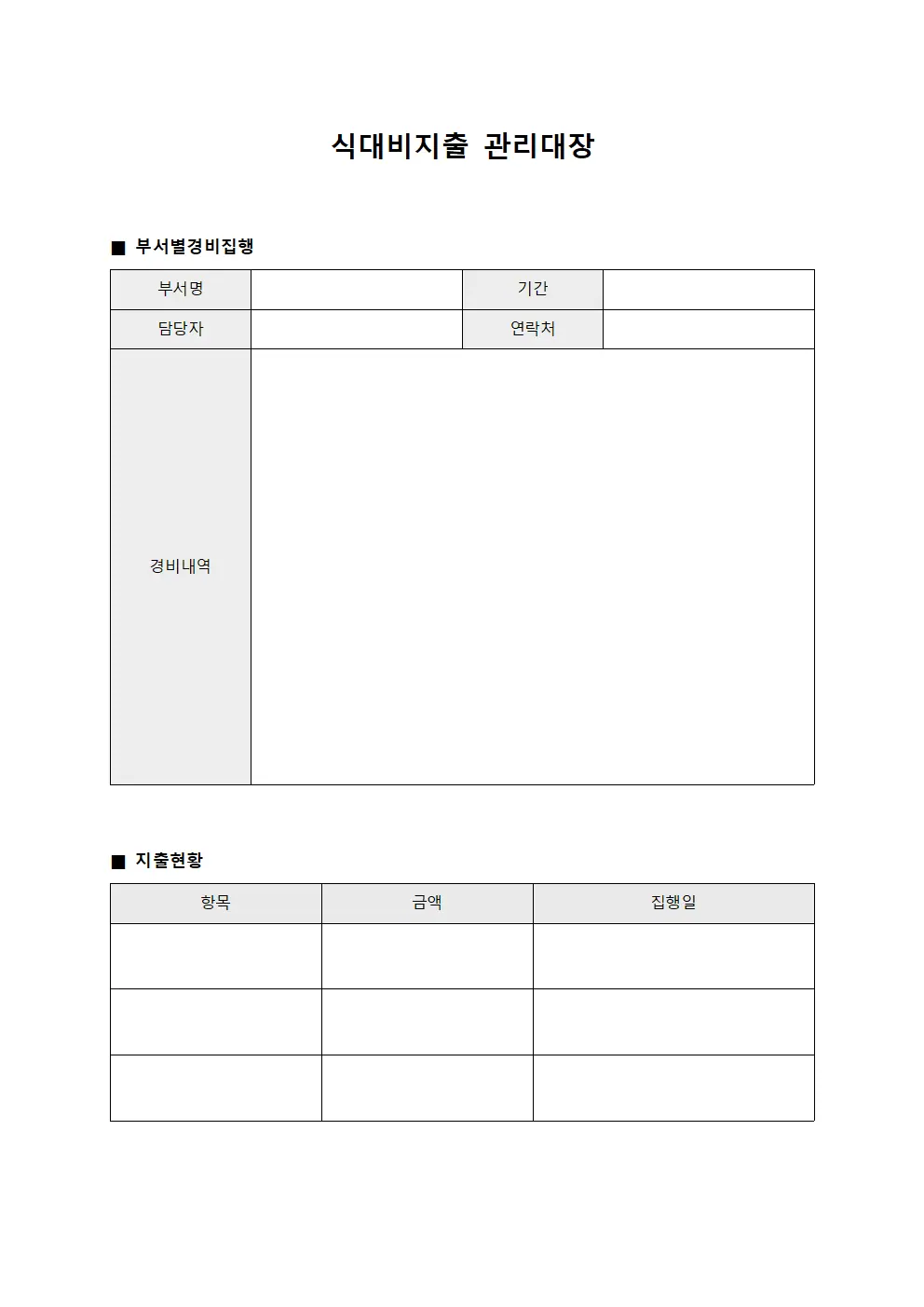 식대비지출관리대장 - 부서별경비집행