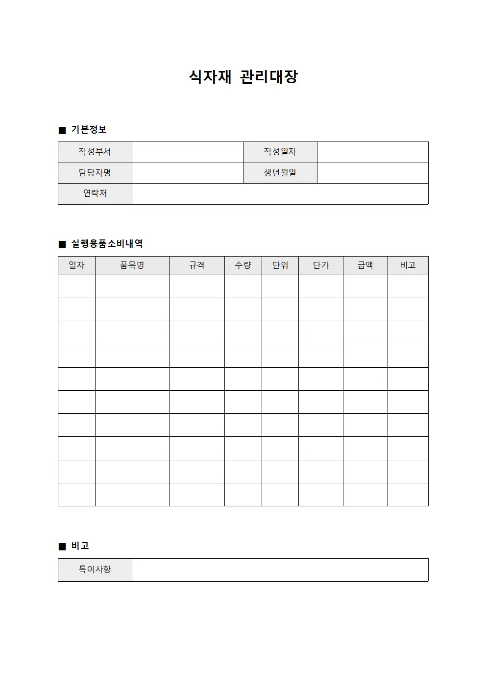 식자재관리대장 (실행용품소비내역)
