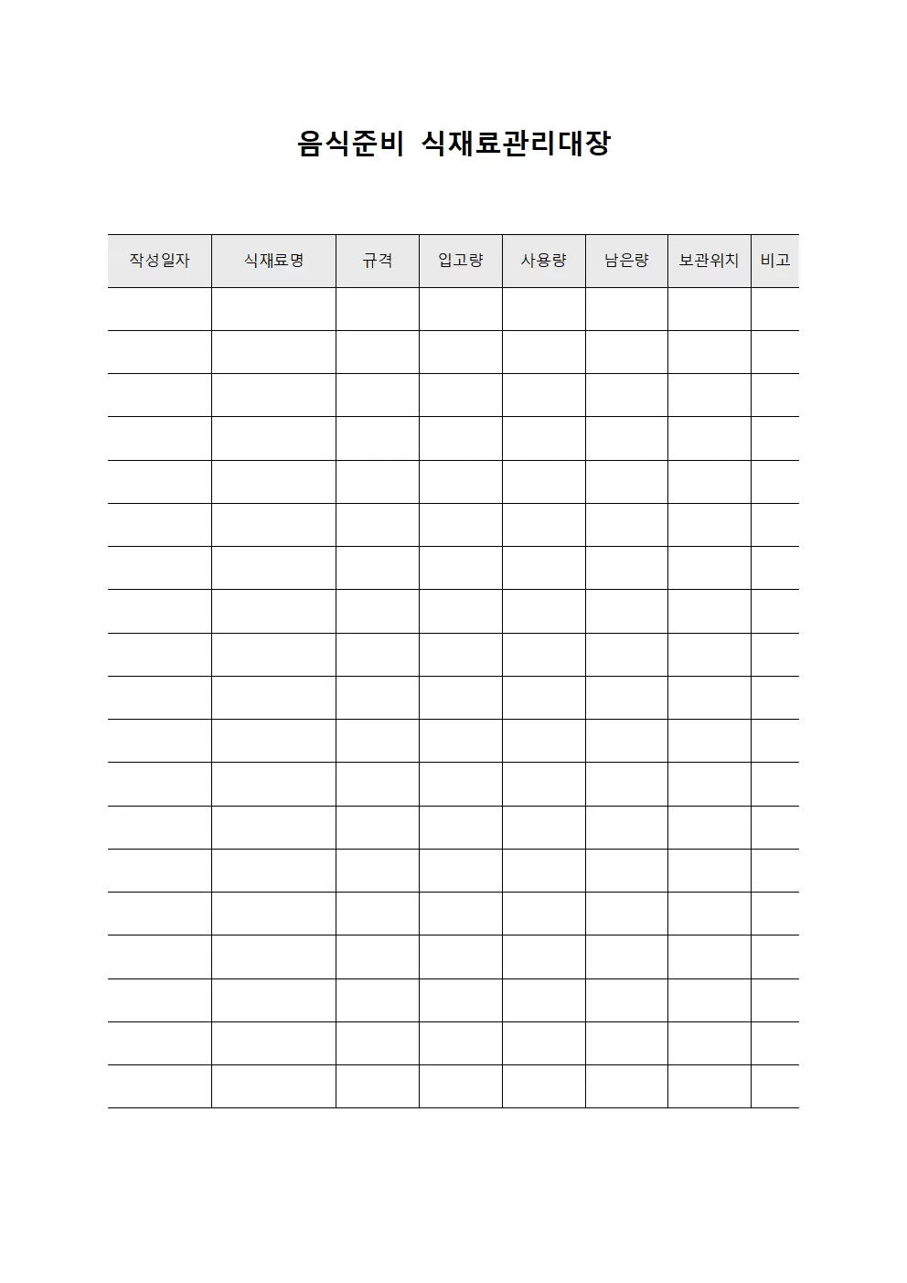 음식준비 식재료관리대장