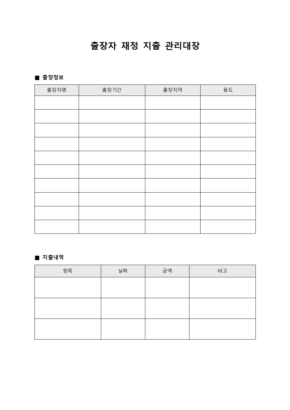 출장자 재정 지출 관리대장 문서양식
