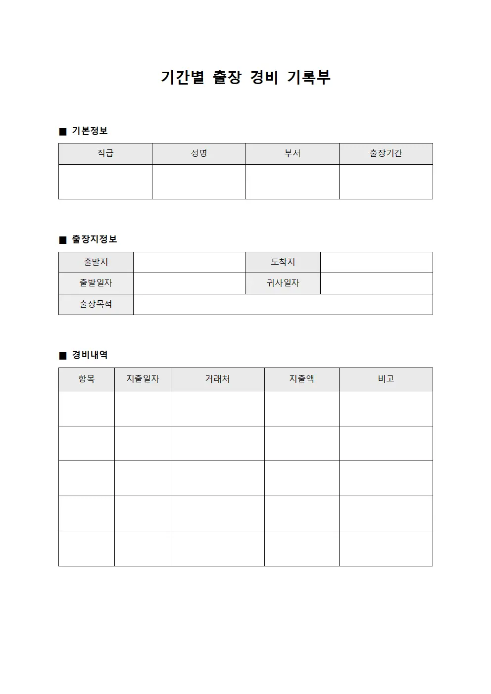 기간별 출장 경비 기록부 파일양식