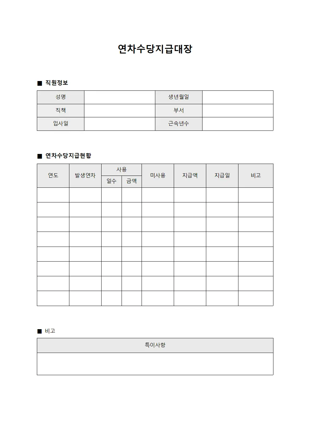 연차수당지급대장 (정규직 혜택관리 현황)