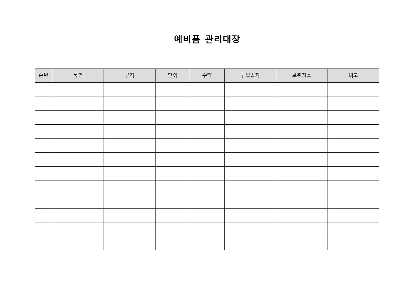 자산관리 예비품관리대장 통제표