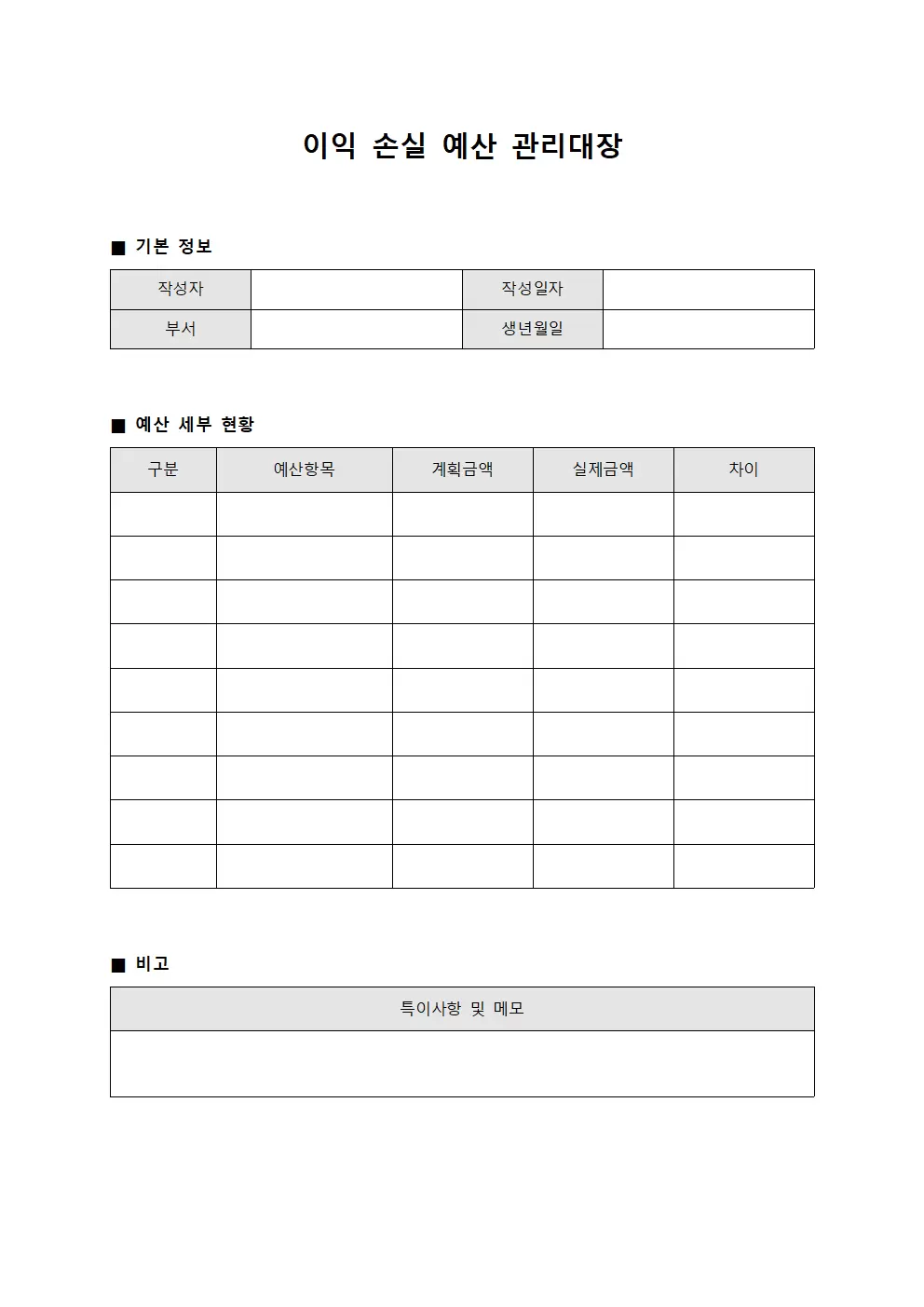 이익손실현황 예산관리대장