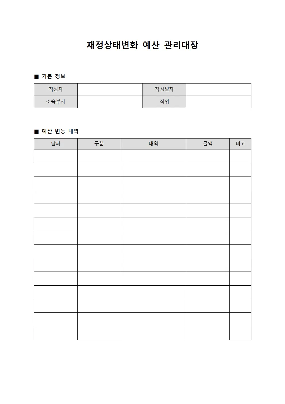 재정상태변화 예산관리대장 양식.서식
