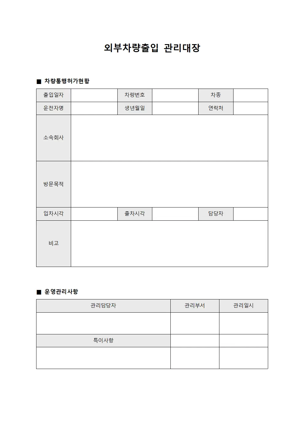 외부차량출입관리대장 - 차량통행허가현황