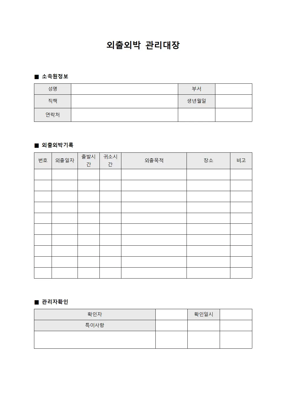 외출외박관리대장 - 소속원