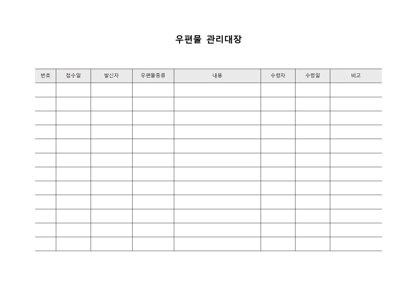 수령현황조사 우편물관리대장 양식