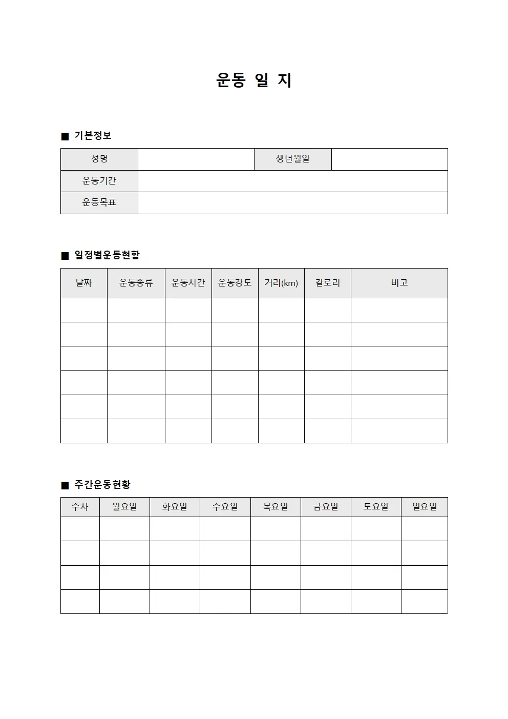 운동일지 - 일정별 현황