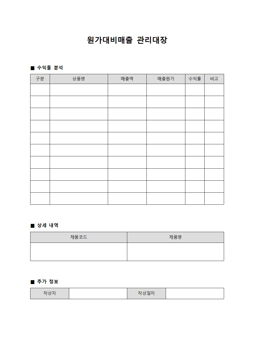 원가대비매출관리대장 - 수익률추이