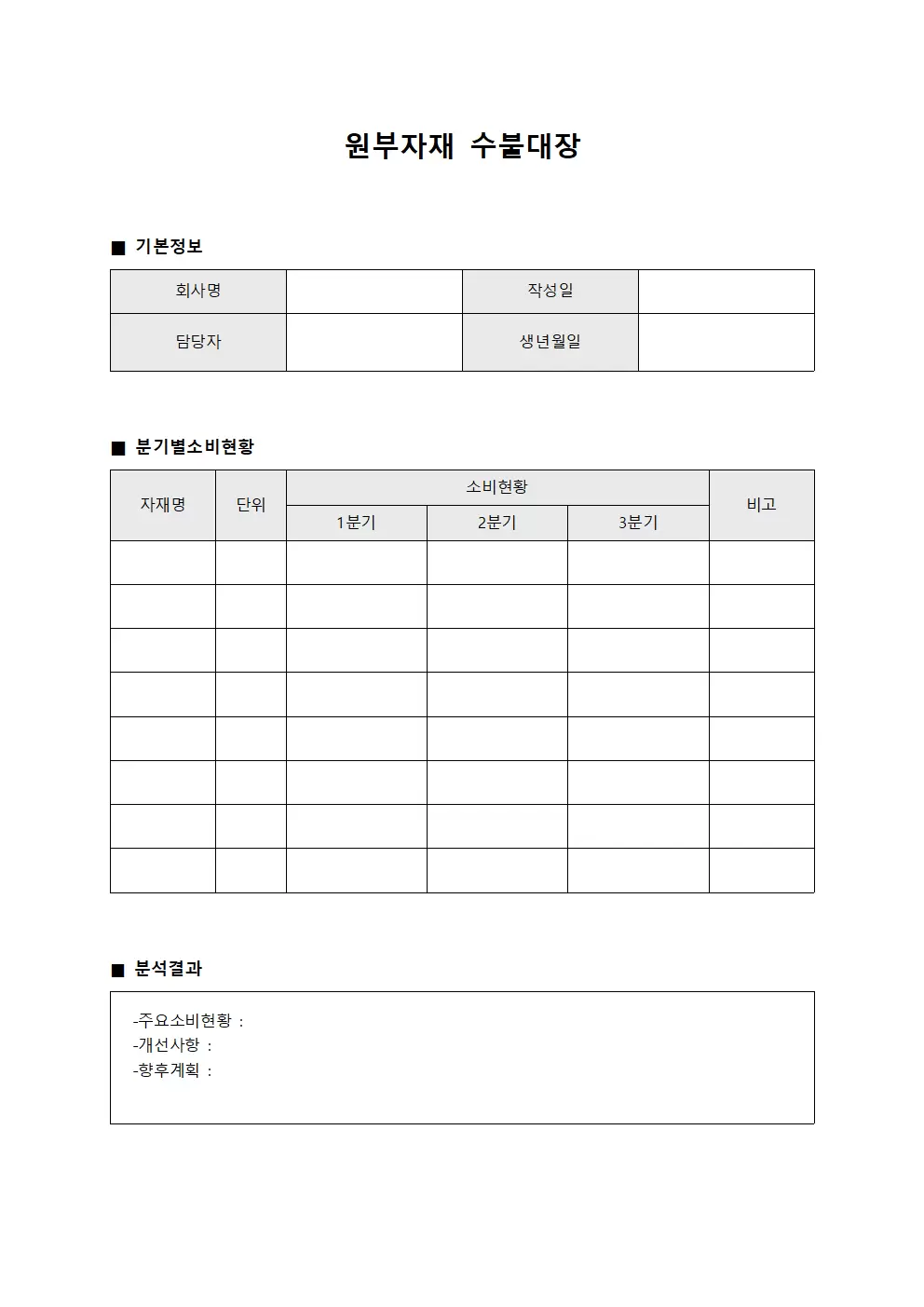 원부자재수불대장 분기별소비현황분석서 템플릿