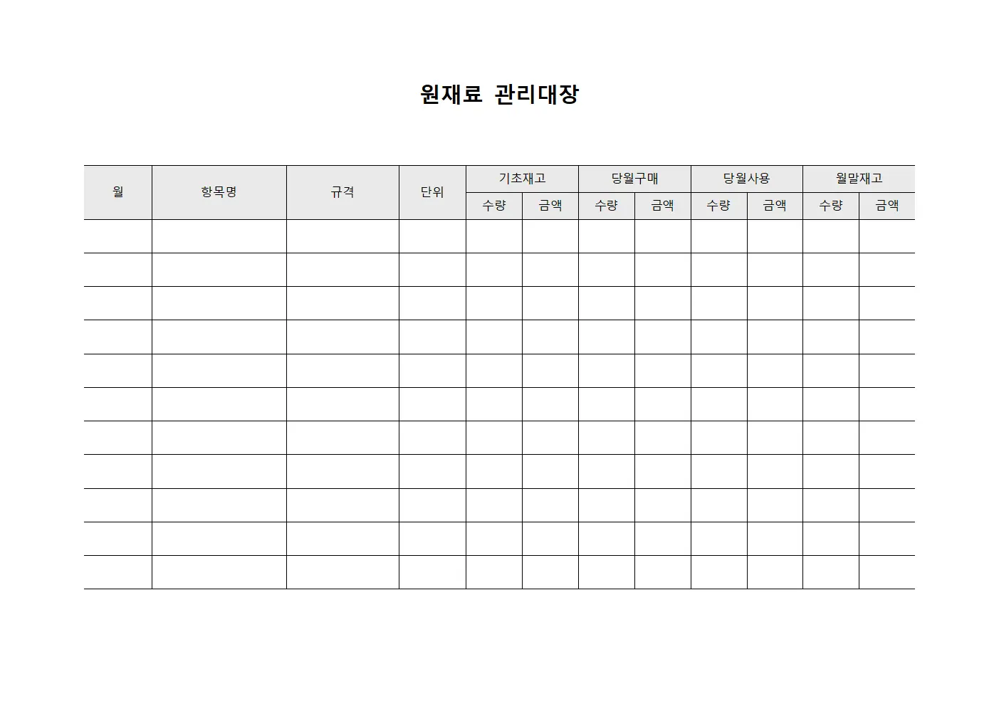 원재료관리대장 (월별 현황)