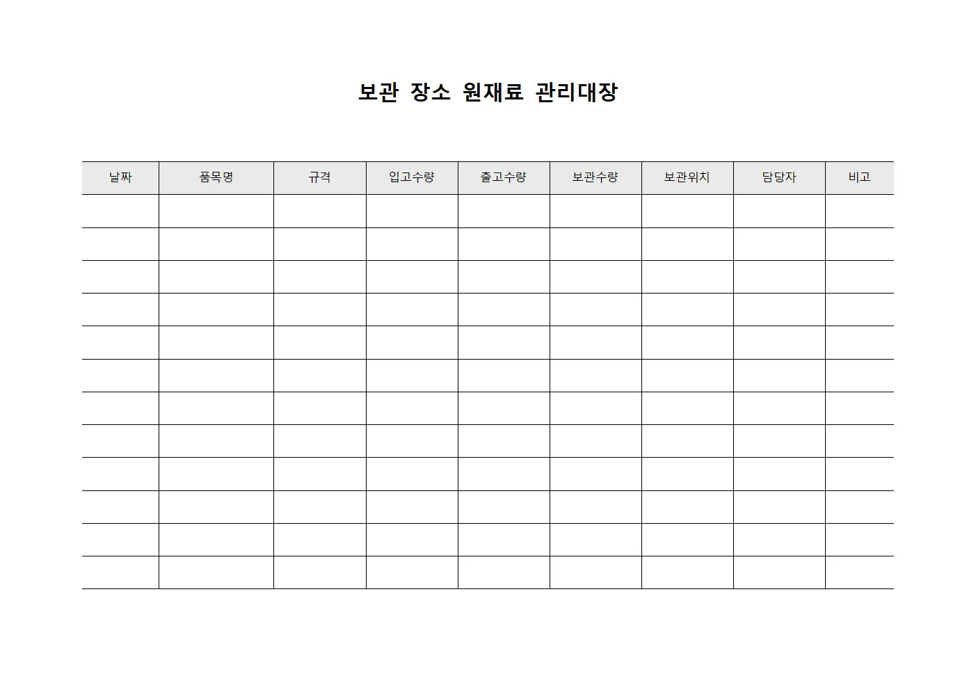 보관장소 원재료관리대장