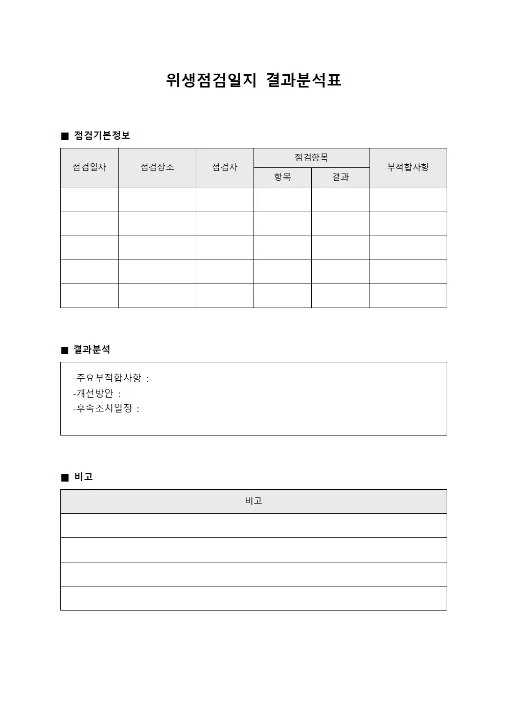 위생점검일지 결과분석표 양식문서