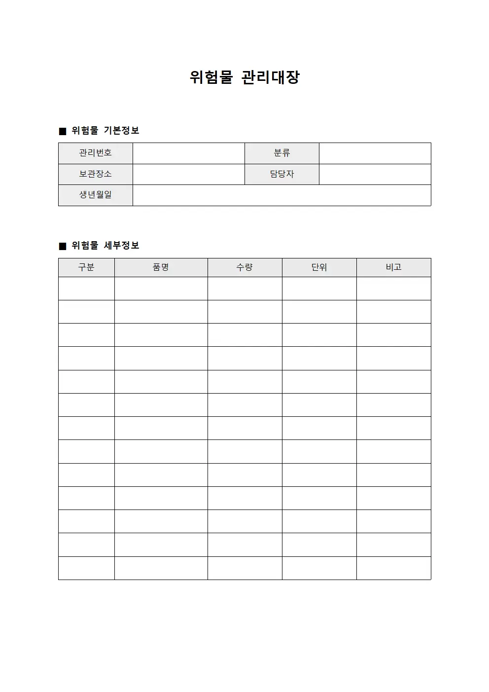위험물관리대장 (분류별)