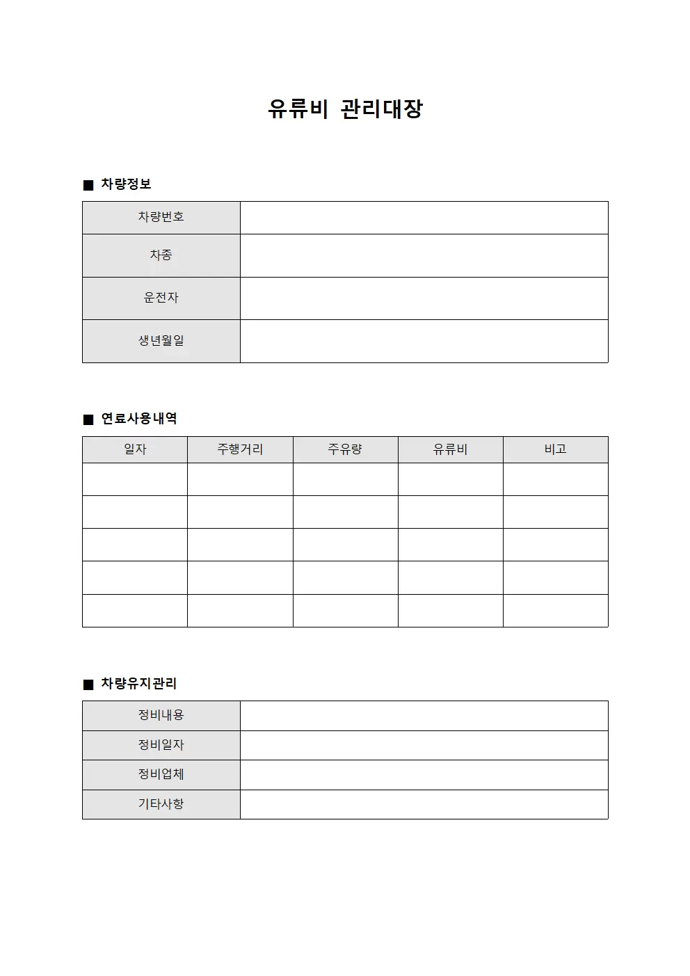 유류비관리대장 (연간연료비현황)