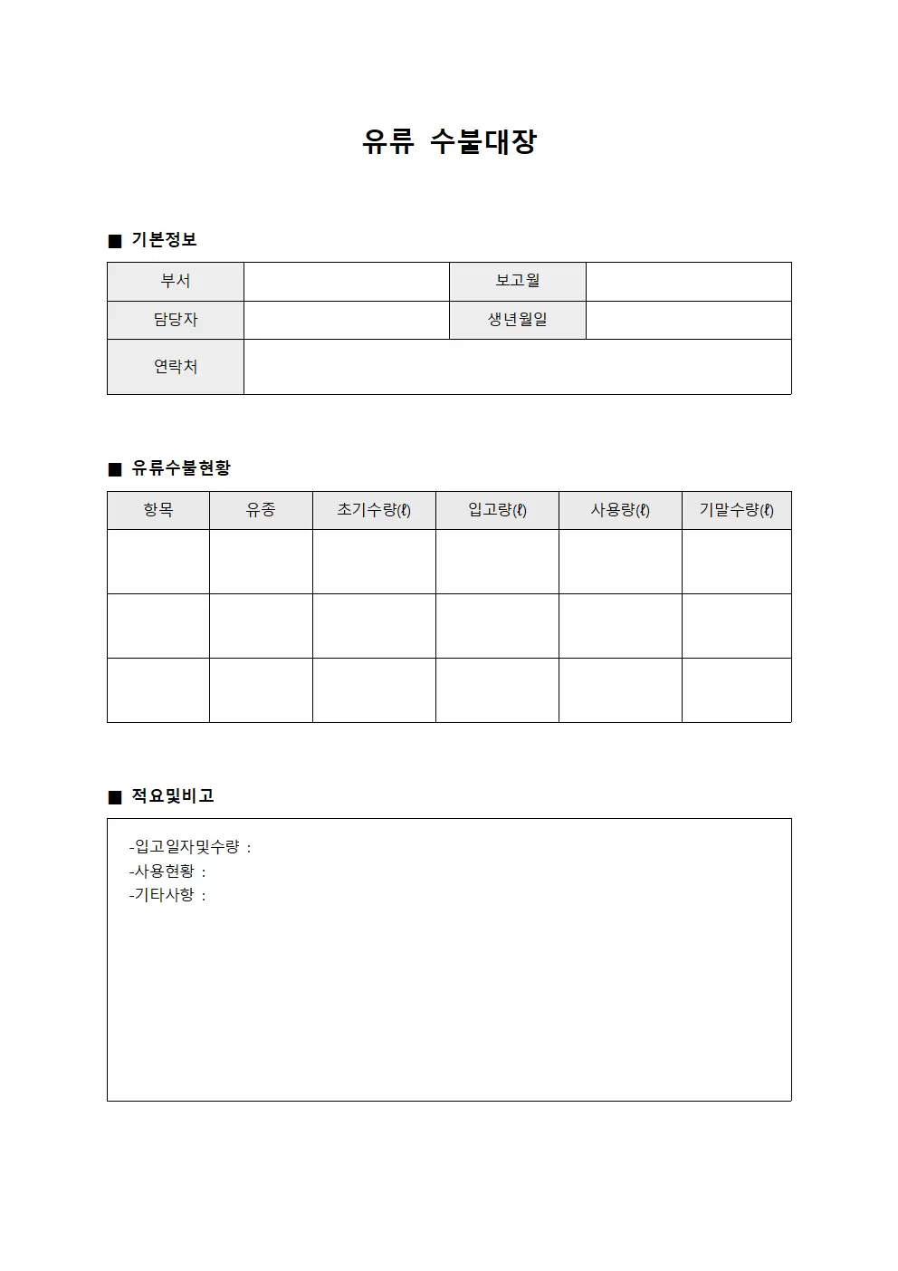 예산 편성 연료 수불대장 현황