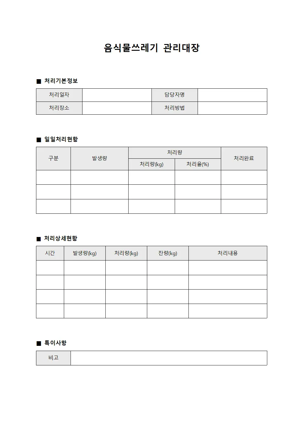 음식물쓰레기관리대장 - 일일처리 현황