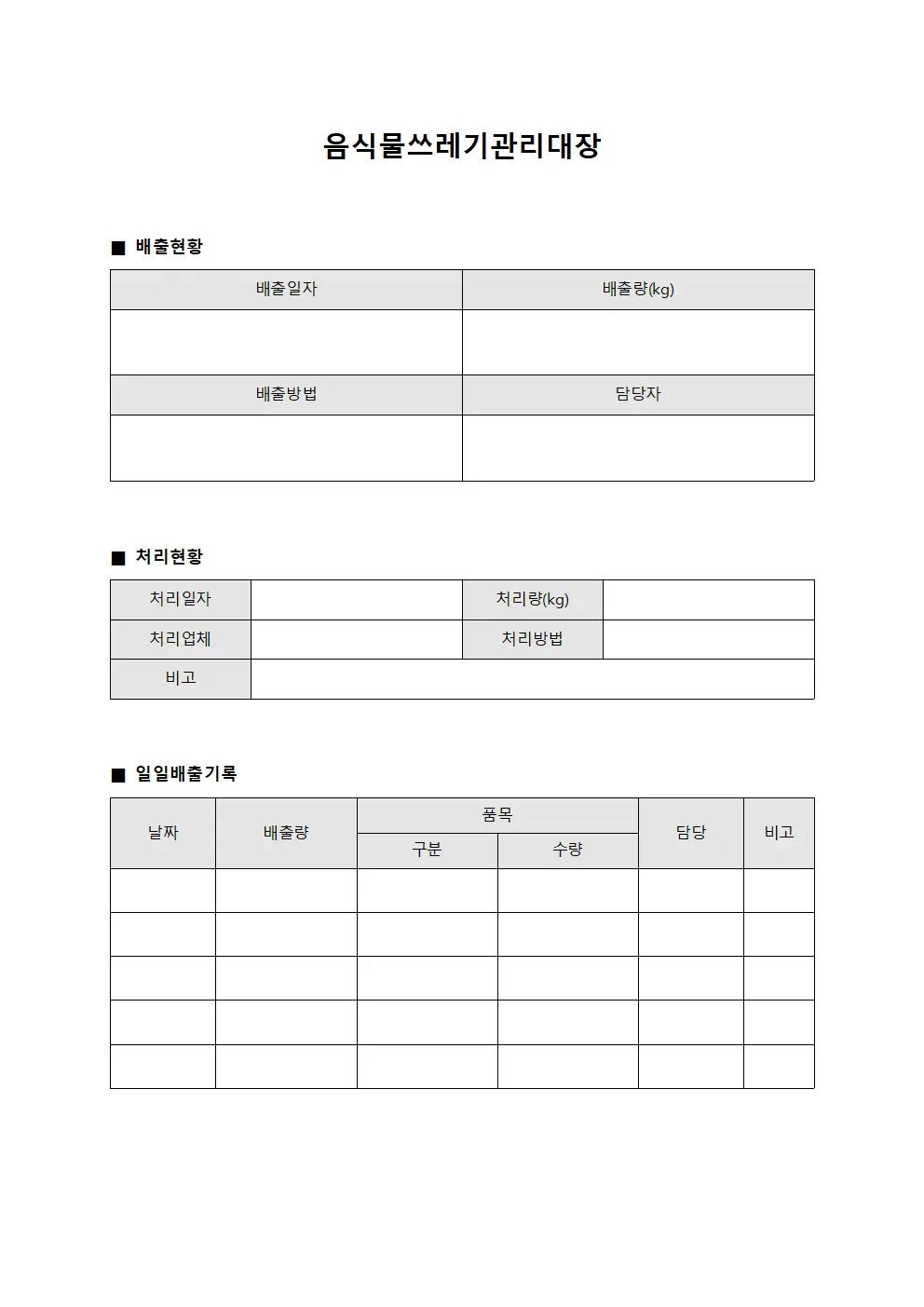 음식물쓰레기관리대장 - 일일배출 현황