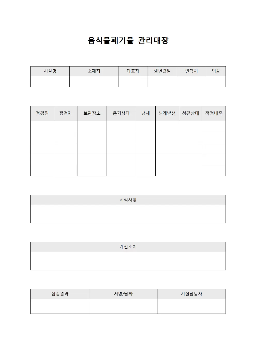 음식물폐기물관리대장 (위생점검결과)