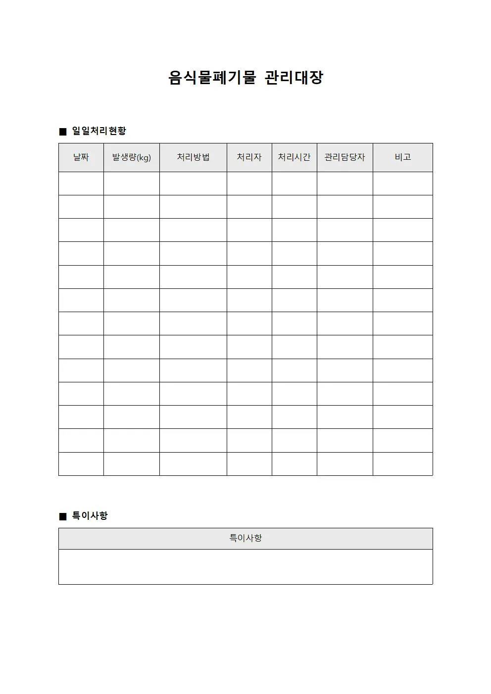 음식물폐기물관리대장 (일일처리현황)