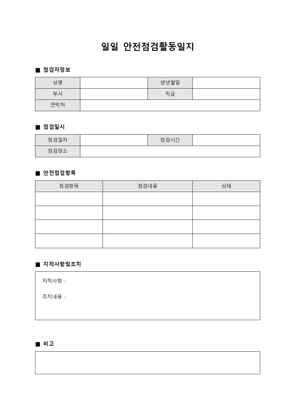 일일 안전점검활동일지 템플릿