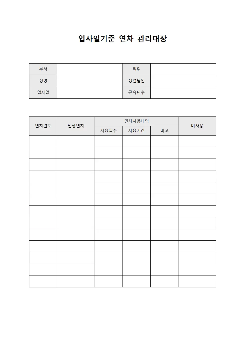 입사일기준연차관리대장 (피고용인연차현황)