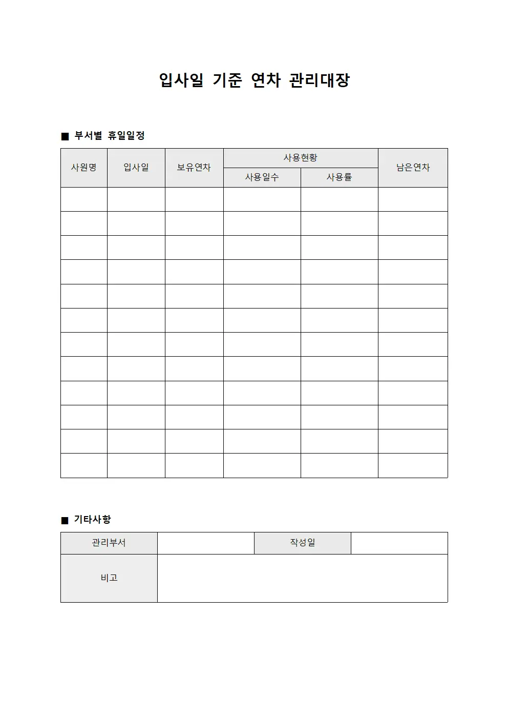 입사일기준연차관리대장 (부서별휴일일정)