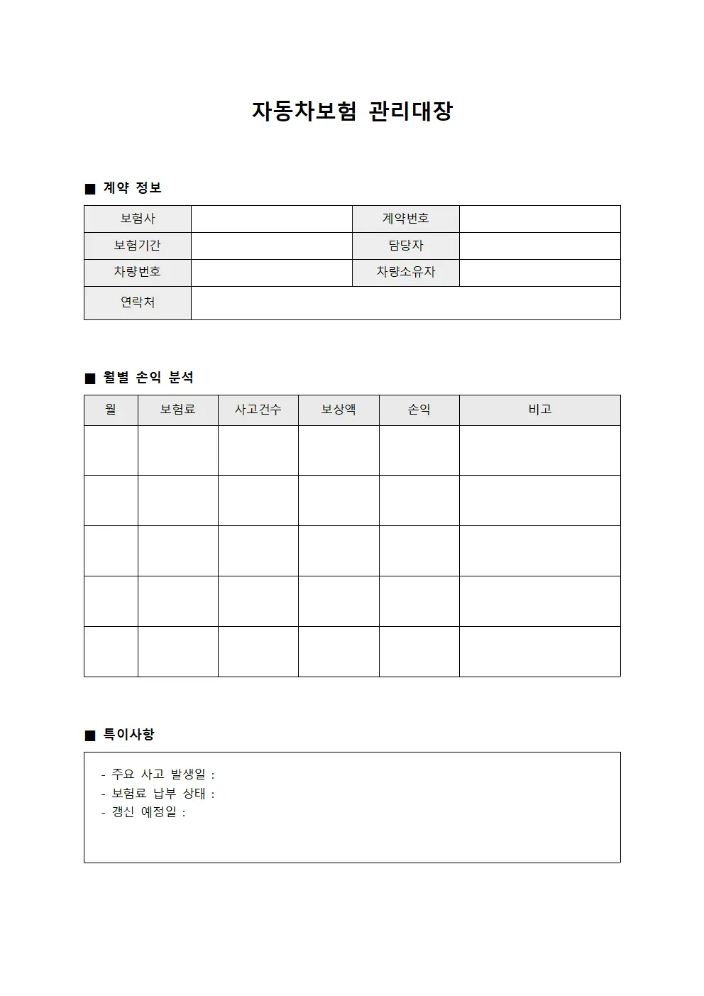 자동차보험관리대장 (월별손익분석)