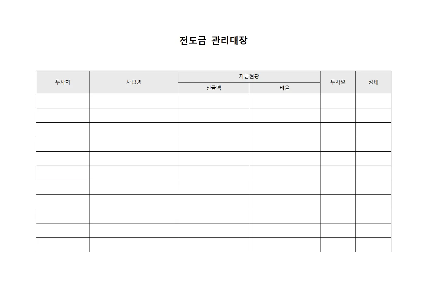 전도금관리대장 (투자처별선금통계)