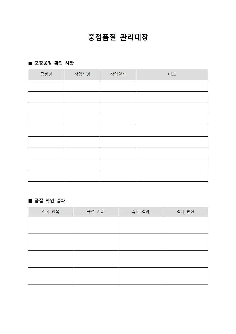 중점품질관리대장 포장공정확인