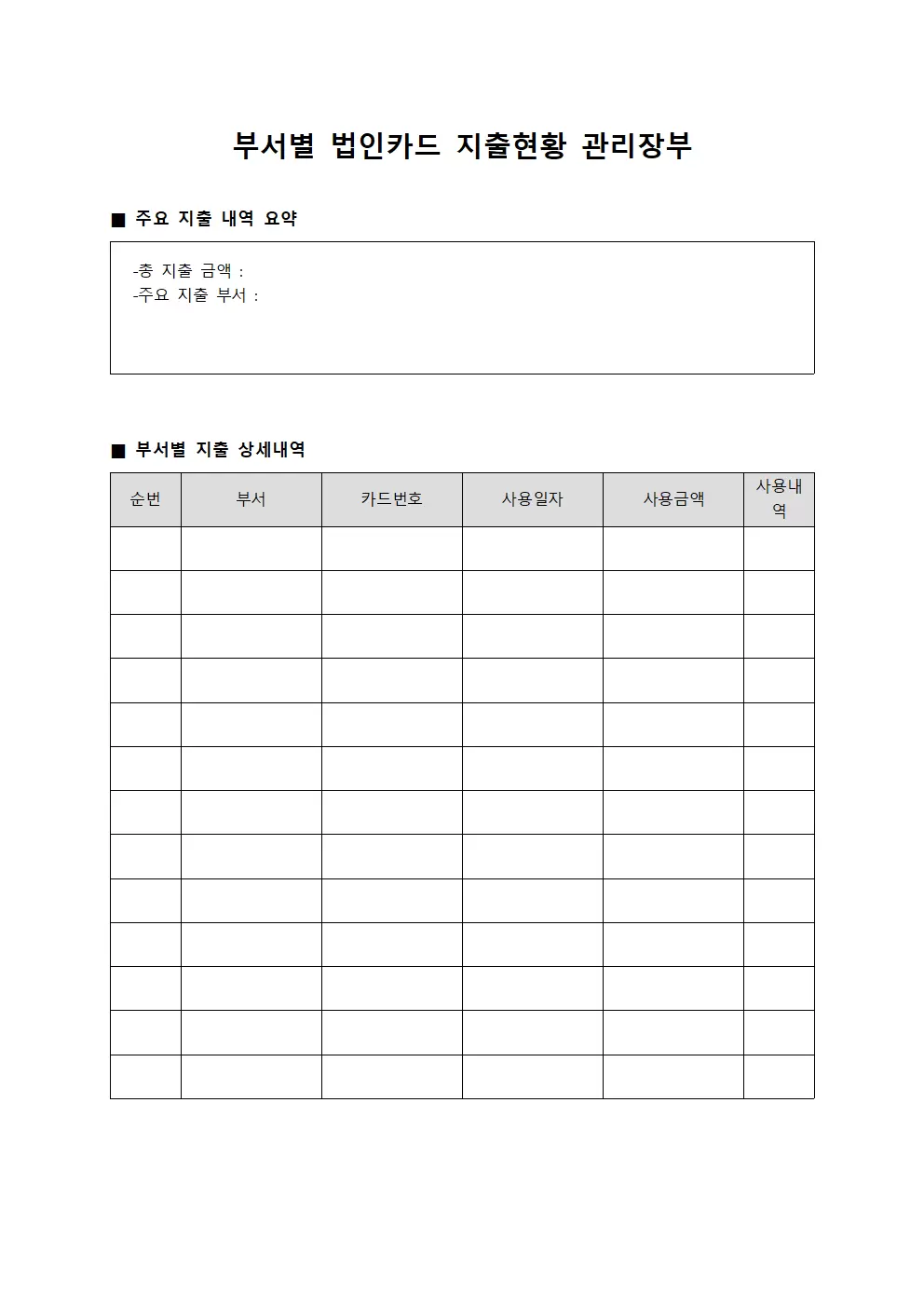 부서별 법인카드 지출현황 관리장부