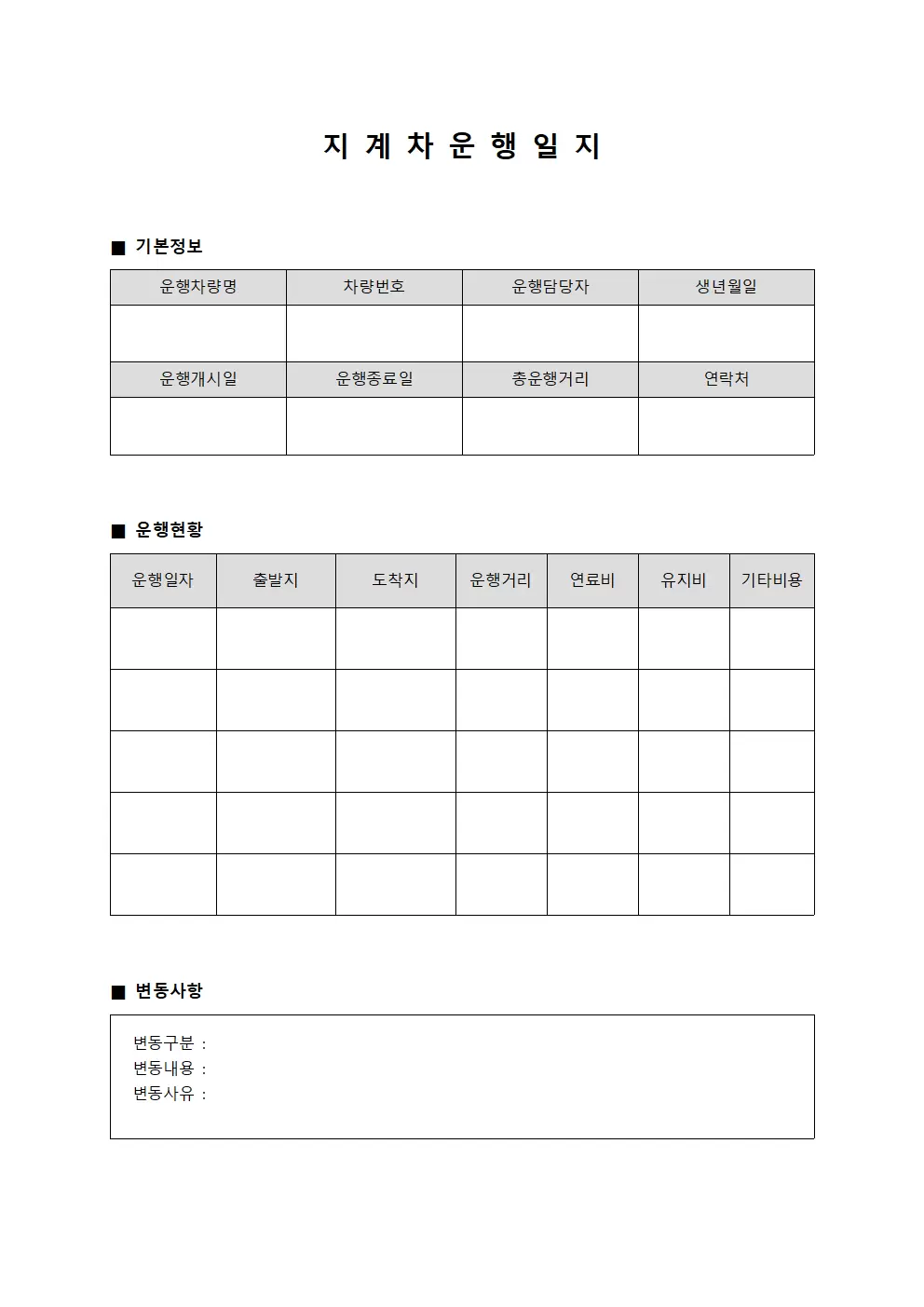 상태 지계차운행일지 변동추이 문서양식