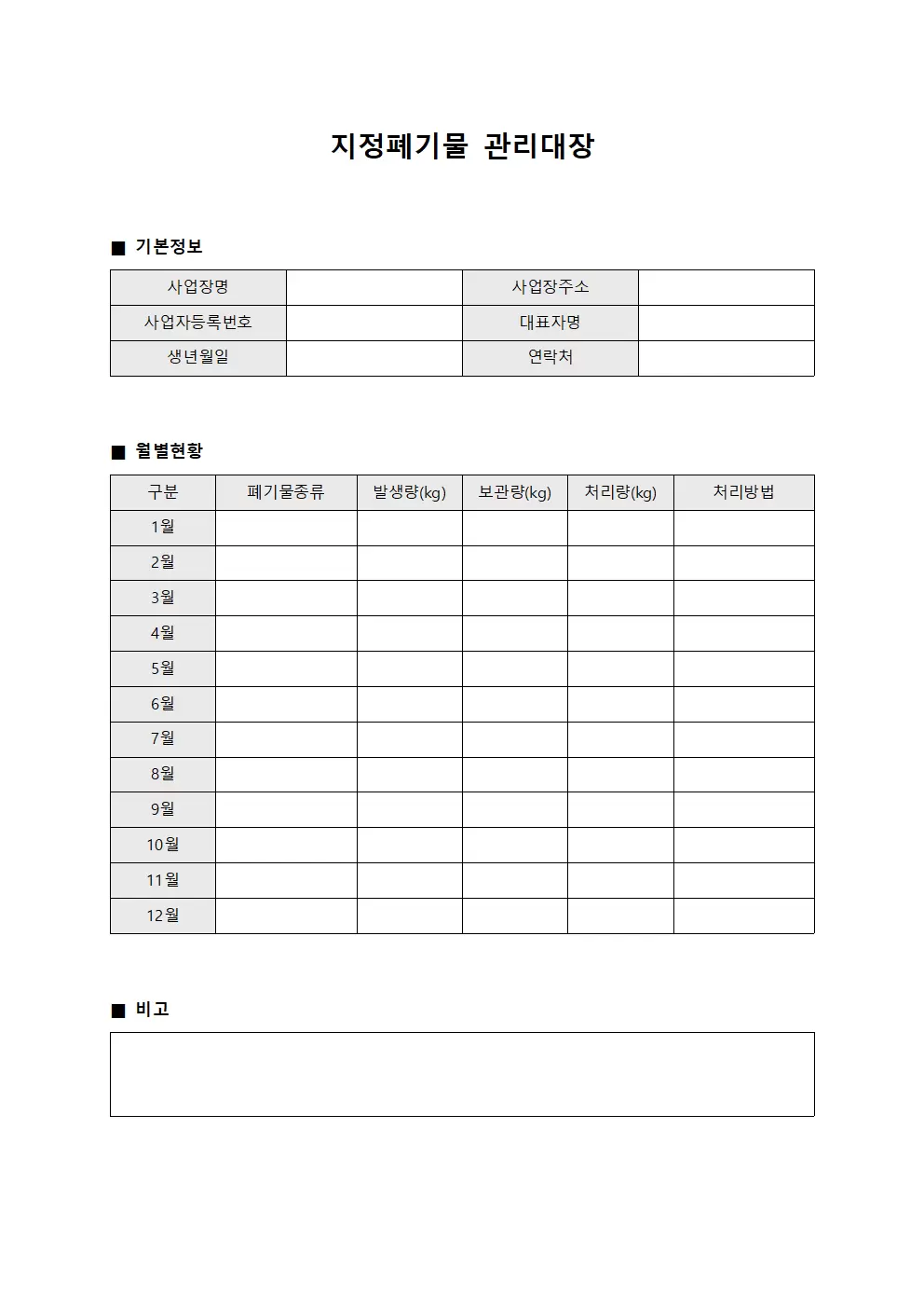 월별현황보고 지정폐기물관리대장