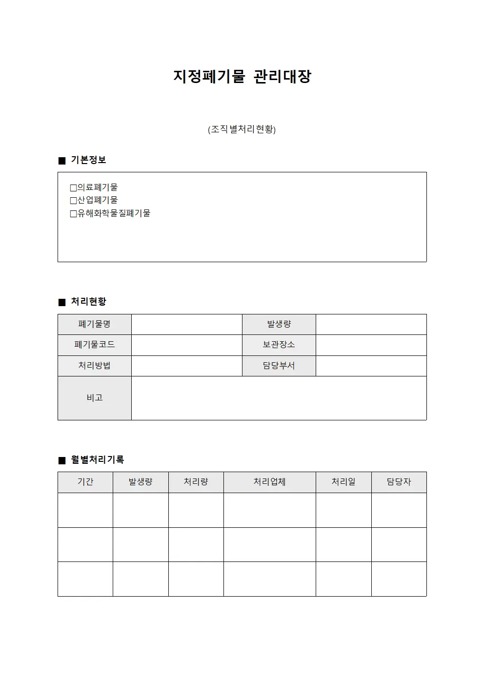 지정폐기물관리대장 (조직별처리현황)