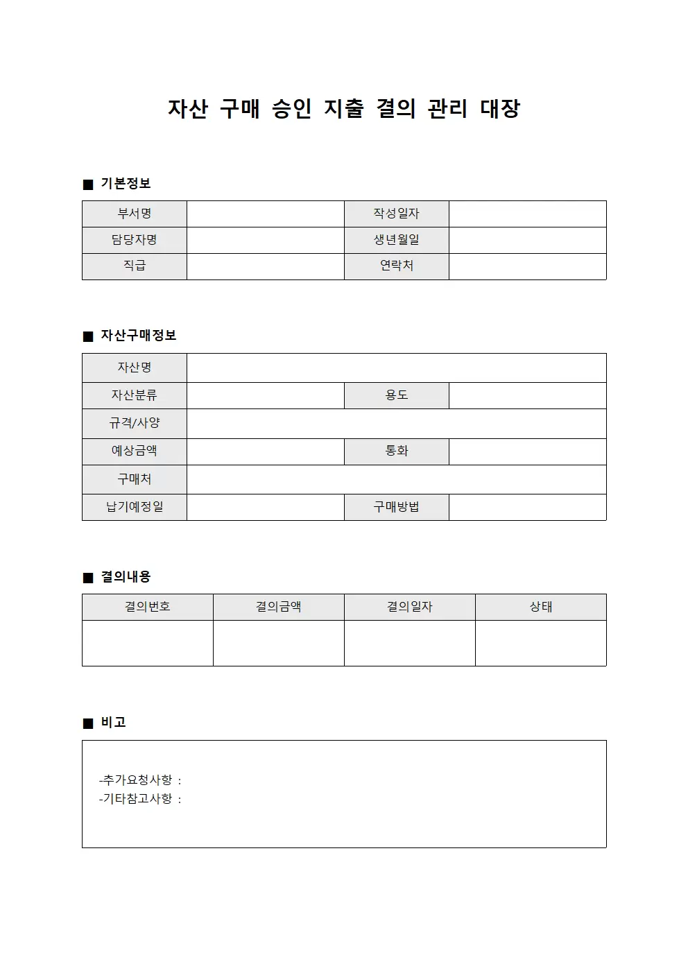 자산구매승인 지출결의관리대장