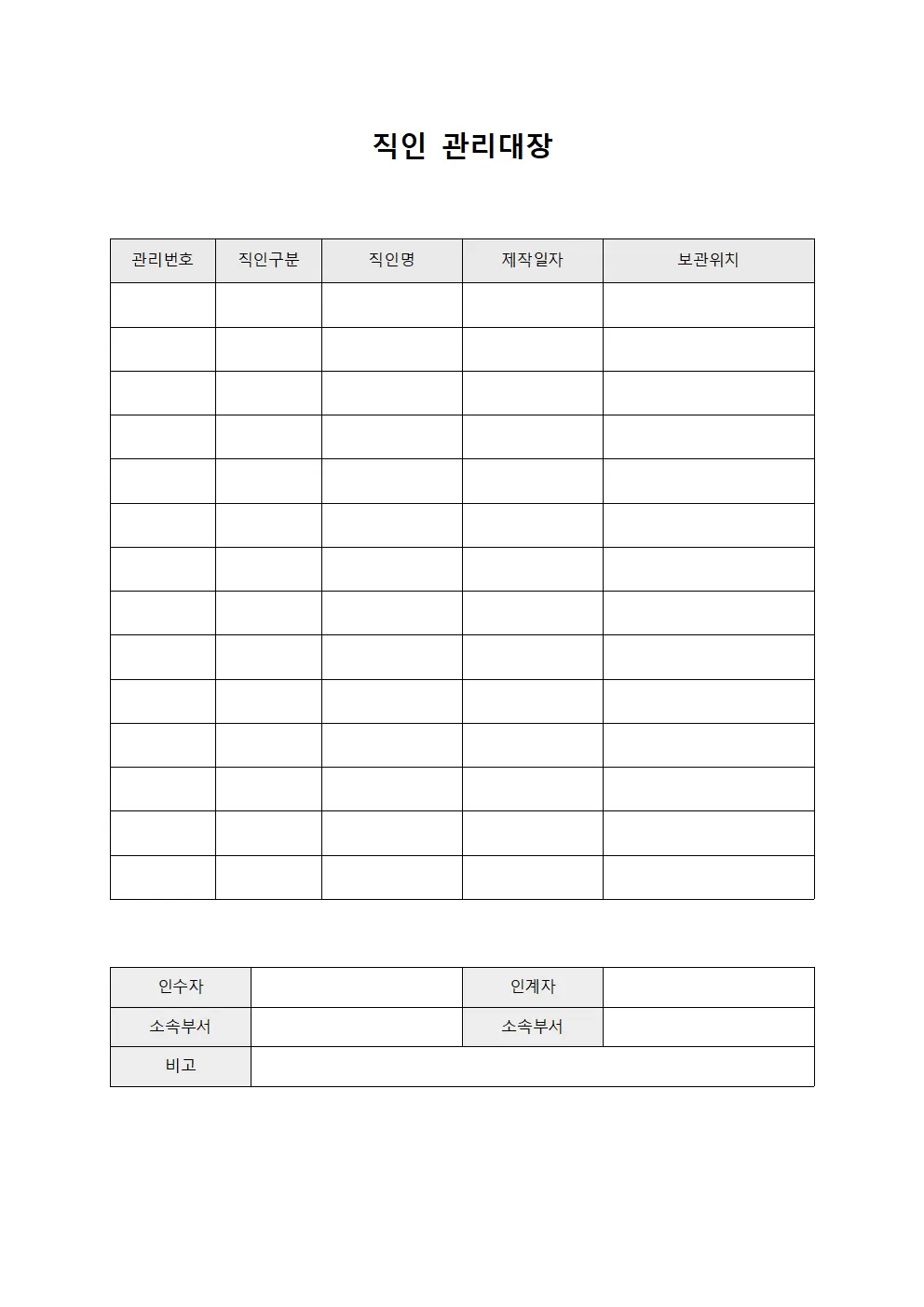 직인관리대장 (보관및인수인계현황)