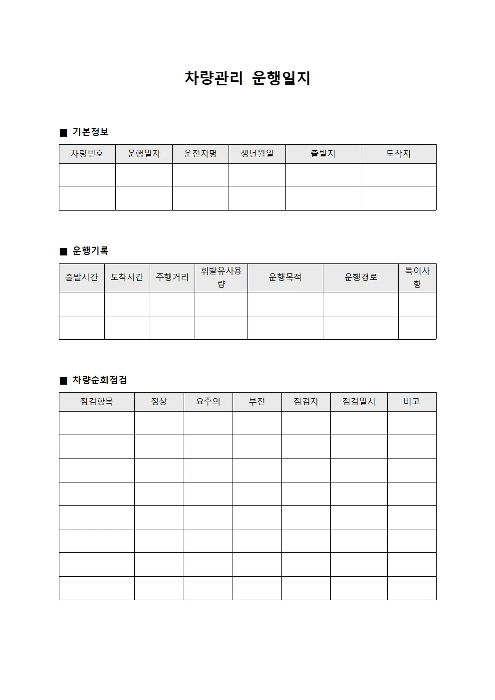 차량관리운행일지 - 순회점검표