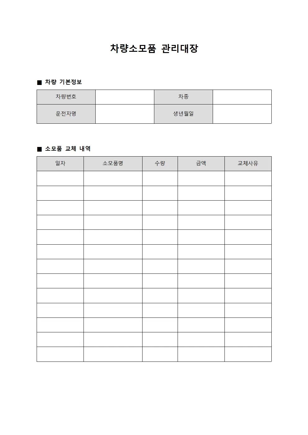 차량소모품관리대장 - 종합 집행표