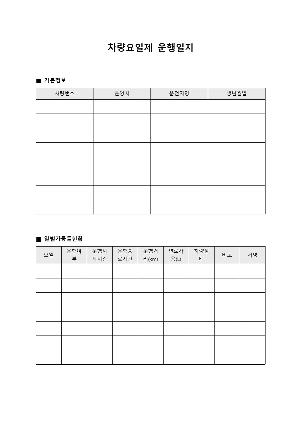 차량요일제운행일지 - 일별 가동률현황